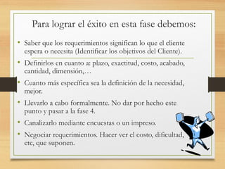 Para lograr el éxito en esta fase debemos:
• Saber que los requerimientos significan lo que el cliente
espera o necesita (Identificar los objetivos del Cliente).
• Definirlos en cuanto a: plazo, exactitud, costo, acabado,
cantidad, dimensión,…
• Cuanto más específica sea la definición de la necesidad,
mejor.
• Llevarlo a cabo formalmente. No dar por hecho este
punto y pasar a la fase 4.
• Canalizarlo mediante encuestas o un impreso.
• Negociar requerimientos. Hacer ver el costo, dificultad,
etc, que suponen.
 