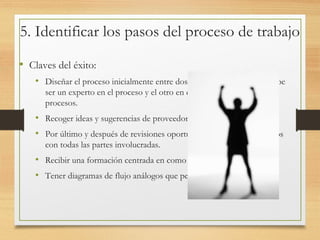 5. Identificar los pasos del proceso de trabajo
• Claves del éxito:
• Diseñar el proceso inicialmente entre dos personas, una de ellas debe
ser un experto en el proceso y el otro en este método de mejora de
procesos.
• Recoger ideas y sugerencias de proveedores clientes y empleados.
• Por último y después de revisiones oportunas consensuar el procesos
con todas las partes involucradas.
• Recibir una formación centrada en como diagramar un proceso
• Tener diagramas de flujo análogos que permitan la comparación
 