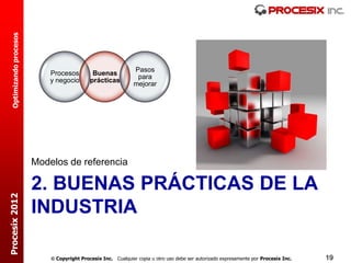 Optimizando procesos




                                                                Pasos
                             Procesos         Buenas
                                                                 para
                             y negocio       prácticas
                                                                mejorar




                         Modelos de referencia

                         2. BUENAS PRÁCTICAS DE LA
Procesix 2012




                         INDUSTRIA

                              Copyright Procesix Inc. Cualquier copia u otro uso debe ser autorizado expresamente por Procesix Inc.   19
 