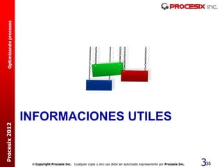 Optimizando procesos




                         INFORMACIONES UTILES
Procesix 2012




                           Copyright Procesix Inc. Cualquier copia u otro uso debe ser autorizado expresamente por Procesix Inc.   335
 