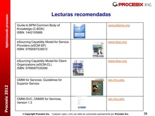 Lecturas recomendadas
  Optimizando procesos




                         Guide to BPM Common Body of                                                           www.abpmp.org
                         Knowledge (C-BOK)
                         ISBN: 1442105666


                         eSourcing Capability Model for Service                                                www.itsqc.org
                         Providers (eSCM-SP)
                         ISBN: 9789087535612


                         eSourcing Capability Model for Client                                                 www.itsqc.org
                         Organizations (eSCM-CL)
                         ISBN: 9789087535599


                         CMMI for Services: Guidelines for                                                     sei.cmu.edu
                         Superior Service
Procesix 2012




                         CMMI-SVC, CMMI® for Services,                                                         sei.cmu.edu
                         Version 1.3


                              Copyright Procesix Inc. Cualquier copia u otro uso debe ser autorizado expresamente por Procesix Inc.   39
 