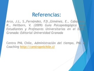 Referencias:
Arco, J.L, S.,Fernández, F.D.,Giménez, E., Caballero,
R., Heilborn, V. (2009) Guía Psicopedagógica para
Estudiantes y Profesores Universitarios en el EEES.
Granada: Editorial Universidad Granada
Centro PNL Chile, Administración del tiempo, PNL &
Coaching http://centropnlchile.cl
 