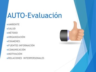 AUTO-Evaluación
AMBIENTE
SALUD
MÉTODO
ORGANIZACIÓN
EXÁMENES
FUENTES INFORMACIÓN
COMUNICACIÓN
MOTIVACIÓN
RELACIONES INTERPERSONALES
 