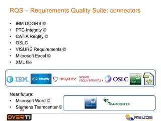 • IBM DOORS ©
• PTC Integrity ©
• CATIA Reqtify ©
• OSLC
• VISURE Requirements ©
• Microsoft Excel ©
• XML file
Near future:
• Microsoft Word ©
• Siemens Teamcenter ©
RQS – Requirements Quality Suite: connectors
23
 