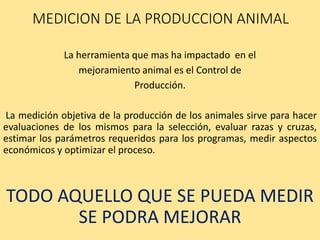 MEDICION DE LA PRODUCCION ANIMAL
La herramienta que mas ha impactado en el
mejoramiento animal es el Control de
Producción.
La medición objetiva de la producción de los animales sirve para hacer
evaluaciones de los mismos para la selección, evaluar razas y cruzas,
estimar los parámetros requeridos para los programas, medir aspectos
económicos y optimizar el proceso.
TODO AQUELLO QUE SE PUEDA MEDIR
SE PODRA MEJORAR
 