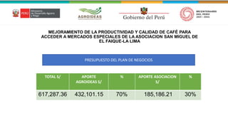 MEJORAMIENTO DE LA PRODUCTIVIDAD Y CALIDAD DE CAFÉ PARA
ACCEDER A MERCADOS ESPECIALES DE LA ASOCIACION SAN MIGUEL DE
EL FAIQUE-LA LIMA
TOTAL S/ APORTE
AGROIDEAS S/
% APORTE ASOCIACION
S/
%
617,287.36 432,101.15 70% 185,186.21 30%
PRESUPUESTO DEL PLAN DE NEGOCIOS
 