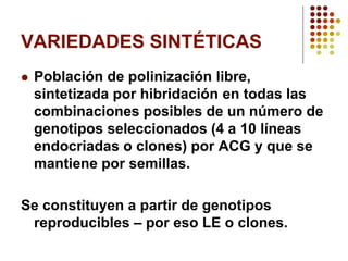 VARIEDADES SINTÉTICAS 
Población de polinización libre, sintetizada por hibridación en todas las combinaciones posibles de un número de genotipos seleccionados (4 a 10 líneas endocriadas o clones) por ACG y que se mantiene por semillas. 
Se constituyen a partir de genotipos reproducibles –por eso LE o clones.  