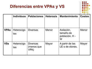 Individuos 
Poblaciones 
Heterosis 
Mantenimiento 
Costos 
VPAs 
Heterocigo 
tas 
Diversas 
Menor 
Aislación, tamaño de población, H - W 
Menor 
VSs 
Heterocigo 
tas 
Diversas (menos que VPA) 
Mayor 
A partir de las LE o de clones. 
Mayor 
Diferencias entre VPAs y VS  