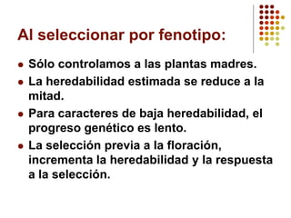 Al seleccionar por fenotipo: 
Sólo controlamos a las plantas madres. 
La heredabilidad estimada se reduce a la mitad. 
Para caracteres de baja heredabilidad, el progreso genético es lento. 
La selección previa a la floración, incrementa la heredabilidad y la respuesta a la selección.  