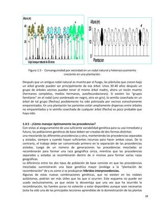 15
Figura 1.5 - Consanguinidad por vecindad en un rodal natural y heterocruzamiento
creciente en una plantación.
Después que un antiguo rodal natural es muerto por el fuego, las plántulas que crecen bajo
un árbol grande pueden ser principalmente de ese árbol. Unos 30-40 años después un
grupo de árboles vecinos pueden tener el mismo árbol madre, ahora un tocón muerto
(hermanos completos, medios hermanos, autofecundaciones). Si existen los “grupos
familiares” en el rodal (uno sombreado en negro, otro en gris), la semilla cosechada en un
árbol de tal grupo (flechas) posiblemente ha sido polinizada por vecinos estrechamente
emparentados. En una plantación los parientes están ampliamente dispersos entre árboles
no emparentados y la semilla cosechada de cualquier árbol (flecha) es poco probable que
haya sido.
1.4.5 - ¿Cómo manejar óptimamente las procedencias?
Con vistas al aseguramiento de una suficiente variabilidad genética para su uso inmediato y
futuro, las poblaciones genéticas de base deben ser creadas de dos formas distintas:
una mezclando las diferentes procedencias y otra, manteniendo las procedencias separadas
y aisladas, siempre y cuando hayan suficientes recursos para hacer ambas cosas. De lo
contrario, el trabajo debe ser concentrado primero en la separación de las procedencias
aisladas. Luego de un número de generaciones las procedencias mezcladas se
recombinarán para formar una raza geográfica única, mientras que las procedencias
separadas y aisladas se recombinarán dentro de sí mismas para formar varias razas
geográficas.
La diferencia entre los dos tipos de población de base consiste en que las procedencias
mezcladas suministrarán una base genética mayor (análoga a la “plantación de
recombinación” de y es como si se produjeran híbridos interprocedencias.
Algunas de estas nuevas combinaciones genéticas, que no existen en los rodales
autóctonos, podrían ser más útiles que las que sí ocurren. Este esquema no puede ser
usado exclusivamente, ya que existe la desventaja que una vez que ha ocurrido la
recombinación, las fuentes puras no volverán a estar disponibles aunque sean necesarias
(esta ha sido una de las principales lecciones aprendidas de la domesticación de las plantas
 
