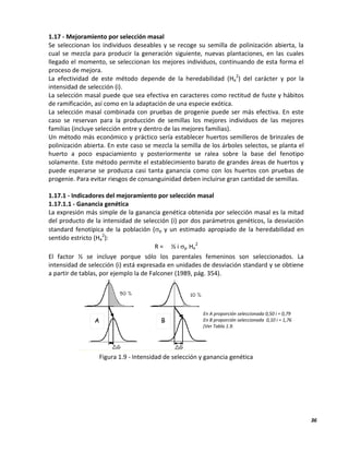36
A B
1.17 - Mejoramiento por selección masal
Se seleccionan los individuos deseables y se recoge su semilla de polinización abierta, la
cual se mezcla para producir la generación siguiente, nuevas plantaciones, en las cuales
llegado el momento, se seleccionan los mejores individuos, continuando de esta forma el
proceso de mejora.
La efectividad de este método depende de la heredabilidad (He
2
) del carácter y por la
intensidad de selección (i).
La selección masal puede que sea efectiva en caracteres como rectitud de fuste y hábitos
de ramificación, así como en la adaptación de una especie exótica.
La selección masal combinada con pruebas de progenie puede ser más efectiva. En este
caso se reservan para la producción de semillas los mejores individuos de las mejores
familias (incluye selección entre y dentro de las mejores familias).
Un método más económico y práctico sería establecer huertos semilleros de brinzales de
polinización abierta. En este caso se mezcla la semilla de los árboles selectos, se planta el
huerto a poco espaciamiento y posteriormente se ralea sobre la base del fenotipo
solamente. Este método permite el establecimiento barato de grandes áreas de huertos y
puede esperarse se produzca casi tanta ganancia como con los huertos con pruebas de
progenie. Para evitar riesgos de consanguinidad deben incluirse gran cantidad de semillas.
1.17.1 - Indicadores del mejoramiento por selección masal
1.17.1.1 - Ganancia genética
La expresión más simple de la ganancia genética obtenida por selección masal es la mitad
del producto de la intensidad de selección (i) por dos parámetros genéticos, la desviación
standard fenotípica de la población (p y un estimado apropiado de la heredabilidad en
sentido estricto (He
2
):
R = ½ i p He
2
El factor ½ se incluye porque sólo los parentales femeninos son seleccionados. La
intensidad de selección (i) está expresada en unidades de desviación standard y se obtiene
a partir de tablas, por ejemplo la de Falconer (1989, pág. 354).
Figura 1.9 - Intensidad de selección y ganancia genética
En A proporción seleccionada 0,50 i = 0,79
En B proporción seleccionada 0,10 i = 1,76
(Ver Tabla 1.9.
 