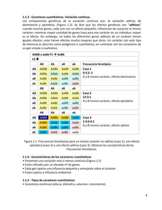 3
1.1.3 - Caracteres cuantitativos. Variación continua.
Los componentes genéticos de la variación continua son: la variación aditiva, de
dominancia y epistática. (Figura 1.1). Se dice que los efectos genéticos son “aditivos”
cuando muchos genes, cada uno con un efecto pequeño, influencian de conjunto al mismo
carácter; mientras mayor cantidad de genes haya para ese carácter en un individuo, mayor
es el efecto. Sin embargo, no todos los diferentes genes aditivos de un carácter tienen
iguales efectos: unos tienen efectos mucho mayores que otros. Un carácter con este tipo
de herencia es descrito como poligénico o cuantitativo, en contraste con los caracteres de
un gen simple o cualitativo.
Figura 1.1- Frecuencias fenotípicas para un mismo carácter no aditivo (caso 1), con efecto
epistático (caso 2) y con efecto aditivo (caso 3). Observe las características de las
frecuencias fenotípicas.
1.1.4 - Características de los caracteres cuantitativos
• Presentan una variación más o menos continúa (Figura 1.2)
• Están influidos por un elevado nº de genes
• Cada gen aporta una influencia pequeña y semejante sobre el carácter
• Están sujetos a influencia ambiental
1.1.5 - Tipos de caracteres cuantitativos
• Caracteres continuos (altura, diámetro, volumen, crecimiento).
AABB x aabb F1  AaBb
F2 
AB Ab aB ab Frecuencia fenotípica
AB AABB AABb AaBB AaBb Caso 1
9:3:3.:1
A y B mismo carácter, efecto dominancia
Ab AABb AAbb AaBb Aabb
aB AaBB AaBb aaBB aaBb
ab AaBb Aabb aaBb aabb
AB Ab aB ab
AB AABB AABb AaBB AaBb Caso 2
12:3:1
A y B mismo carácter, efecto epistático
Ab AABb AAbb AaBb Aabb
aB AaBB AaBb aaBB aaBb
ab AaBb Aabb aaBb aabb
AB Ab aB ab
AB AABB AABb AaBB AaBb Caso 3
1:4:6:4:1
A y B mismo carácter, efecto aditivo
Ab AABb AAbb AaBb Aabb
aB AaBB AaBb aaBB aaBb
ab AaBb Aabb aaBb aabb
 