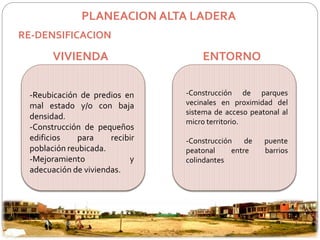 PLANEACION ALTA LADERA 
VIVIENDA ENTORNO 
-Reubicación de predios en 
mal estado y/o con baja 
densidad. 
-Construcción de pequeños 
edificios para recibir 
población reubicada. 
-Mejoramiento y 
adecuación de viviendas. 
-Construcción de parques 
vecinales en proximidad del 
sistema de acceso peatonal al 
micro territorio. 
-Construcción de puente 
peatonal entre barrios 
colindantes 
RE-DENSIFICACION 
 