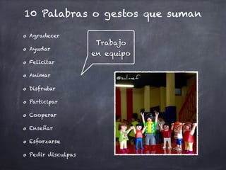 10 Palabras o gestos que suman
Agradecer
Ayudar
Felicitar
Animar
Disfrutar
Participar
Cooperar
Enseñar
Esforzarse
Pedir disculpas
Trabajo
en equipo
 