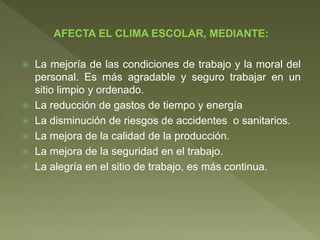 AFECTA EL CLIMA ESCOLAR, MEDIANTE:
 La mejoría de las condiciones de trabajo y la moral del
personal. Es más agradable y seguro trabajar en un
sitio limpio y ordenado.
 La reducción de gastos de tiempo y energía
 La disminución de riesgos de accidentes o sanitarios.
 La mejora de la calidad de la producción.
 La mejora de la seguridad en el trabajo.
 La alegría en el sitio de trabajo, es más continua.
 