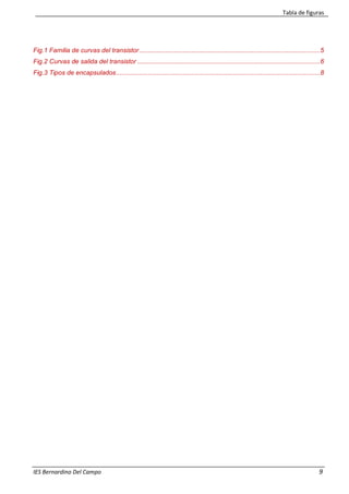 Tabla de figuras
IES Bernardino Del Campo 9
Fig.1 Familia de curvas del transistor.......................................................................................................5
Fig.2 Curvas de salida del transistor ........................................................................................................6
Fig.3 Tipos de encapsulados....................................................................................................................8
 
