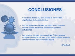 Copyright 2010 11
- Con el uso de las TIC´s se facilita el aprendizaje
significativo de los estudiantes.
- Las herramientas virtuales permiten a los docentes
realizar clases dinámicas y llamativas para los
estudiantes.
- Los objetos virtuales de aprendizaje OVAs generan
múltiples posibilidades para que los estudiantes accedan
al conocimiento de una manera activa.
GRACIAS
 