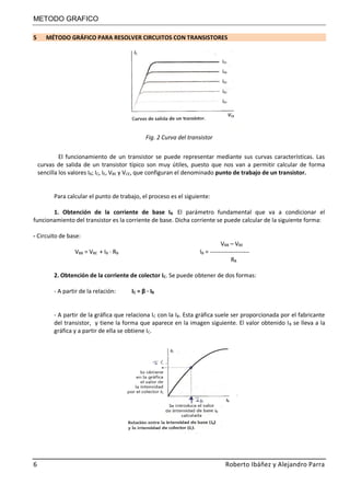 METODO GRAFICO
6 Roberto Ibáñez y Alejandro Parra
5 MÉTODO GRÁFICO PARA RESOLVER CIRCUITOS CON TRANSISTORES
Fig. 2 Curva del transistor
El funcionamiento de un transistor se puede representar mediante sus curvas características. Las
curvas de salida de un transistor típico son muy útiles, puesto que nos van a permitir calcular de forma
sencilla los valores IB; IC, IE, VBE y VCE, que configuran el denominado punto de trabajo de un transistor.
Para calcular el punto de trabajo, el proceso es el siguiente:
1. Obtención de la corriente de base IB. El parámetro fundamental que va a condicionar el
funcionamiento del transistor es la corriente de base. Dicha corriente se puede calcular de la siguiente forma:
- Circuito de base:
VBB – VBE
VBB = VBE + IB · RB IB = --------------------
RB
2. Obtención de la corriente de colector IC. Se puede obtener de dos formas:
- A partir de la relación: IC = β · IB
- A partir de la gráfica que relaciona IC con la IB. Esta gráfica suele ser proporcionada por el fabricante
del transistor, y tiene la forma que aparece en la imagen siguiente. El valor obtenido IB se lleva a la
gráfica y a partir de ella se obtiene IC.
 