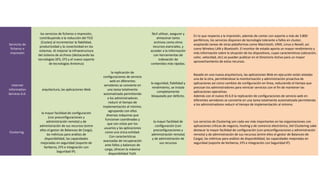 los servicios de ficheros e impresión,                                    fácil utilizar, asegurar y
                                                                                                                         En lo que respecta a la impresión, además de contar con soporte a más de 3.800
                 contribuyendo a la reducción del TCO                                           almacenar tanto
                                                                                                                         periféricos, los servicios disponen de tecnología tolerante a fallos en cluster,
                   (Costes) al incrementar la fiabilidad,                                     archivos como otros
Servicios de                                                                                                             aceptando tareas de otras plataformas como Macintosh, UNIX, Linux o Novell, así
                 productividad y la conectividad en los                                      recursos esenciales, y
 ficheros e                                                                                                              como Wireless LAN y Bluetooth. El monitor de estado aporta un mayor rendimiento y
                 sistemas. Al mejorar la infraestructura                                   acceder a la información
 impresión                                                                                                               más información sobre la situación de los dispositivos, cuyas características (ubicación,
                del sistema de archivos (destacando las                                       con herramientas de
                                                                                                                         color, velocidad, etc) se pueden publicar en el Directorio Activo para un mayor
                tecnologías DFS, EFS y el nuevo soporte                                           indexación de
                                                                                                                         aprovechamiento de estos recursos.
                        de tecnologías Antivirus)                                          contenidos más rápidas.

                                                                   la replicación de
                                                                                                                         Basado en una nueva arquitectura, las aplicaciones Web en ejecución están aisladas
                                                            configuraciones de servicio
                                                                                                                         una de la otra, permitiéndose la monitorización y administración proactiva de
                                                                  web en diferentes
                                                                                           la seguridad, fiabilidad y    aplicaciones así como cambios de configuración en línea, reduciendo el tiempo que
  Internet                                                   servidores se convierte en
                                                                                            rendimiento, se instala      precisan los administradores para reiniciar servicios con el fin de mantener las
Information       arquitectura, las aplicaciones Web            una tarea totalmente
                                                                                                completamente            aplicaciones operativas.
Services 6.0.                                                automatizada permitiendo
                                                                                            bloqueado por defecto.       Además con el nuevo IIS 6.0 la replicación de configuraciones de servicio web en
                                                                a los administradores
                                                                                                                         diferentes servidores se convierte en una tarea totalmente automatizada permitiendo
                                                                reducir el tiempo de
                                                                                                                         a los administradores reducir el tiempo de implementación al mínimo.
                                                            implementación al mínimo.
                                                                 agrupando con ellos
                  la mayor facilidad de configuración
                                                               diversas máquinas que
                        (con preconfiguraciones y
                                                              funcionan coordinadas y
                      administración remota) y de                                           la mayor facilidad de        Los servicios de Clustering son cada vez más importantes en las organizaciones con
                                                                que son vistas por los
                 administración de sus recursos (entre                                       configuración (con          aplicaciones críticas de negocio, hosting y de comercio electrónico, Del Clustering cabe
                                                             usuarios y las aplicaciones
                 ellos el gestor de Balanceo de Carga),                                     preconfiguraciones y         destacar la mayor facilidad de configuración (con preconfiguraciones y administración
Clustering.                                                   como una única entidad.
                      las métricas para análisis de                                        administración remota)        remota) y de administración de sus recursos (entre ellos el gestor de Balanceo de
                                                                  Con características
                     disponibilidad, las capacidades                                       y de administración de        Carga), las métricas para análisis de disponibilidad, las capacidades mejoradas en
                                                            avanzadas de recuperación
                  mejoradas en seguridad (soporte de                                            sus recursos             seguridad (soporte de Kerberos, EFS e integración con Seguridad IP).
                                                              ante fallos y balanceo de
                    Kerberos, EFS e integración con
                                                              carga, ofrecen la máxima
                              Seguridad IP).
                                                                 disponibilidad 7x24.
 