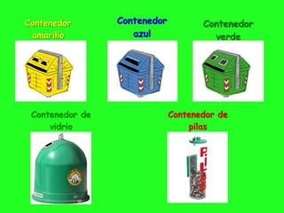 Contenedor
amarillo
Contenedor
verde
Contenedor
azul
Contenedor de
vidrio
Contenedor de
pilas
 