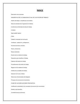 ÍNDICE

Descripción de la empresa.

DIAGNÓSTICO DE LA CONDICIÓN ACTUAL DE LA ESTACIÓN DE TRABAJO:

Diseño del trabajo o simplificación del método.

Áreas de actividad de la ingeniería de métodos.

Condiciones ambientales del área de trabajo.

Limpieza.

Agua potable higiene.

Orden.

Calidad e intensidad de iluminación.

Ventilación, calefacción y refrigeración.

Acondicionamiento cromático.

Ruido y vibraciones.

Música ambiental.

Estudio de los métodos de trabajo.

Requisitos para simplificar el trabajo.

Objetivos del estudio de trabajo.

Procedimientos del estudio de trabajo.

Registro de los detalles de trabajo.

Análisis de los detalles del trabajo.

Aplicación del nuevo método.

Relaciones dimensionales del trabajador.

Principios de economía de movimientos.

PLANO DE LAS ADECUACIONES PROPUESTAS:

Justificación sustentada en los conceptos de economía de movimientos.

Análisis costo-beneficio.

Consideraciones económicas.
 