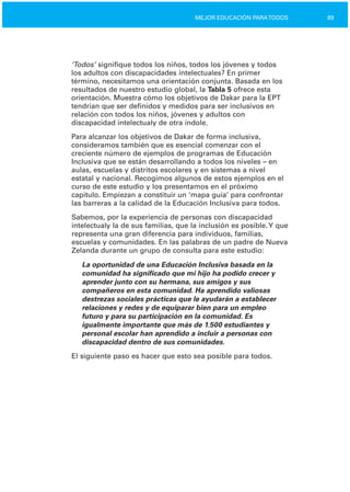89MEJOR EDUCACIÓN PARATODOS
‘Todos’ signifique todos los niños, todos los jóvenes y todos
los adultos con discapacidades intelectuales? En primer
término, necesitamos una orientación conjunta. Basada en los
resultados de nuestro estudio global, la Tabla 5 ofrece esta
orientación. Muestra cómo los objetivos de Dakar para la EPT
tendrían que ser definidos y medidos para ser inclusivos en
relación con todos los niños, jóvenes y adultos con
discapacidad intelectualy de otra índole.
Para alcanzar los objetivos de Dakar de forma inclusiva,
consideramos también que es esencial comenzar con el
creciente número de ejemplos de programas de Educación
Inclusiva que se están desarrollando a todos los niveles – en
aulas, escuelas y distritos escolares y en sistemas a nivel
estatal y nacional. Recogimos algunos de estos ejemplos en el
curso de este estudio y los presentamos en el próximo
capítulo. Empiezan a constituir un ‘mapa guía’ para confrontar
las barreras a la calidad de la Educación Inclusiva para todos.
Sabemos, por la experiencia de personas con discapacidad
intelectualy la de sus familias, que la inclusión es posible.Y que
representa una gran diferencia para individuos, familias,
escuelas y comunidades. En las palabras de un padre de Nueva
Zelanda durante un grupo de consulta para este estudio:
La oportunidad de una Educación Inclusiva basada en la
comunidad ha significado que mi hijo ha podido crecer y
aprender junto con su hermana, sus amigos y sus
compañeros en esta comunidad. Ha aprendido valiosas
destrezas sociales prácticas que le ayudarán a establecer
relaciones y redes y de equiparar bien para un empleo
futuro y para su participación en la comunidad. Es
igualmente importante que más de 1.500 estudiantes y
personal escolar han aprendido a incluir a personas con
discapacidad dentro de sus comunidades.
El siguiente paso es hacer que esto sea posible para todos.
 