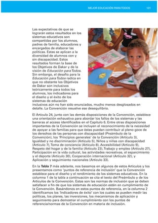 131MEJOR EDUCACIÓN PARATODOS
Las expectativas de que se
lograrán estos resultados en los
sistemas educativos son
compartidas por los alumnos,
padres de familia, educadores y
encargados de elaborar las
políticas. Estas se aplican a la
diversidad de alumnos con y
sin discapacidad. Estos
resultados forman la base de
los Objetivos de Dakar y de la
visión de Educación paraTodos.
Sin embargo, el desafío para la
Educación paraTodos radica en
que no obstante los Objetivos
de Dakar son inclusivos
teóricamente para todos los
alumnos, los indicadores para
el diseño y el éxito de los
sistemas de educación
inclusivos aún no han sido enunciados, mucho menos desglosados en
detalle. La Convención resuelve ese desequilibrio.
El Artículo 24, junto con las demás disposiciones de la Convención, establece
una orientación exhaustiva para abordar los fallos de los sistemas y las
barreras al acceso identificados en el Capítulo 6. Entre otras disposiciones
importantes de la Convención se incluyen el reconocimiento de la necesidad
de apoyar a las familias para que éstas puedan contribuir al pleno goce de
los derechos de las personas con discapacidad (Preámbulo de la
Convención), los ‘Principios generales’ de la Convención (Artículo 3),
Igualdad y no discriminación (Artículo 5), Niños y niñas con discapacidad
(Artículo 7),Toma de conciencia (Artículo 8), Accesibilidad (Artículo 9),
Respeto del hogar y de la familia (Artículo 23),Trabajo y empleo (Artículo 27),
Participación en la vida cultural, las actividades recreativas, el esparcimiento
y el deporte (Artículo 30), Cooperación internacional (Artículo 32), y
Aplicación y seguimiento nacionales (Artículo 33).
En la Tabla 7 más adelante, nos basamos en algunos de estos Artículos y los
presentamos como ‘puntos de referencia de inclusión’ que la Convención
establece para el diseño y el rendimiento de los sistemas educativos. En la
columna 1 de la tabla a continuación se cita el texto del Preámbulo y de los
Artículos de la Convención. Estas son las normas de inclusión que se deben
satisfacer a fin de que los sistemas de educación estén en cumplimiento de
la Convención. Basándonos en estos puntos de referencia, en la columna 2
identificamos los ‘Indicadores de éxito’ con los cuales se pueden medir las
políticas, los planes, las inversiones, los mecanismos de aplicación y
seguimiento para demostrar el cumplimiento con los puntos de
referencia/normas de la Convención en materia de inclusión.
 