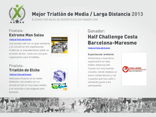 Mejor Triatlón de Media / Larga Distancia 2013
ELEGIDO POR MILES DE DEPORTISTAS EN FINIXER.COM

Finalista:

Extreme Man Sa...