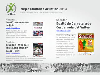 Mejor Duatlón / Acuatlón 2013
ELEGIDO POR MILES DE DEPORTISTAS EN FINIXER.COM

Finalista:

Duatló de Carretera
de Rubí
Vis...