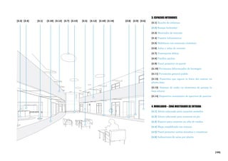 [195]
3. ESPACIOS INTERIORES
[3.1] Resalto de colimnas
[3.2] Rampa helicoidal
[3.3] Mostrador de entrada
[3.4] Paneles informativos
[3.5] Mobiliario con contraste cromático
[3.6] Aulas y salas de reunión
[3.7] Iluminación difusa
[3.8] Pasillos anchos
[3.9] Panel protector en pared
[3.10] Pavimento diferenciador de hormigón
[3.11] Pavimento general pulido
[3.12] Pasarelas que siguen la línea del camino en
planta baja
[3.13] Sistema de audio en elementos de paisaje (a
baja altura)
[3.14] Dispositivo automático de apertura de puertas
4. MOBILIARIO – ZONA MOSTRADOR DE ENTRADA
[4.1] Altura adecuada para usuarios sentados
[4.2] Altura adecuada para usuarios en pie
[4.3] Espacio para usuarios en silla de ruedas
[4.4] Mapa simplificado con textura
[4.5] Panel protector contra manchas y rozaduras
[4.6] Indicaciones de salas por planta
[3.4][3.3] [3.7][3.1] [3.10] [3.13] [3.5] [3.12] [3.10] [3.14] [3.9] [3.6][3.8][3.12]
 