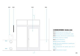 [199]
[6.6]
6. ESPACIOS INTERIORES - Entradas a salas
[6.1] Botón de apertura con mano o codo
[6.2] Botón de apertura con pie/silla de ruedas
[6.3] Detección a distancia de la tarjeta de pase
[6.3.1] Pase a detectar en bolsillo
[6.4] Paneles informativos
[6.4.1] Contraste cromático
[6.4.2] Proyección perpendicular a pasillo para
ser más fácil de ver
[6.5] Transparencia de puertas para ver el
interior
[6.6] Panel protector en pared
[6.5][6.3] [6.4]
[6.1]
[6.2]
 