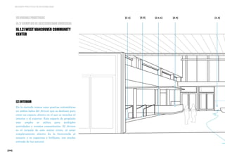 [204]
MEJORES PRÁCTICAS DE ACCESIBILIDAD
[2] INTERIOR
En la entrada vemos unas puertas automáticas
en ambos lados del Atrium que se deslizan para
crear un espacio abierto en el que se mezclan el
interior y el exterior. Este espacio de propósito
más amplio se utiliza para múltiples
actividades y eventos comunitarios. El Atrium
es el corazón de este centro cívico, al estar
completamente abierto da la bienvenida al
usuario y es espacioso y brillante, con mucha
entrada de luz natural.
[2.4][2.1.1][2.3][2.1][6] BUENAS PRÁCTICAS
[6.1] EJEMPLOS DE ACCESIBILIDAD UNIVERSAL
[6.1.2] WEST VANCOUVER COMMUNITY
CENTER
[1.1]
 