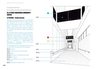 [206]
MEJORES PRÁCTICAS DE ACCESIBILIDAD
[2] INTERIOR - Pasillo principal
El edificio se articula mediante un eje principal
en forma de pasillo que está en rampa y separa
dos espacios en los que se alojaran las
divisiones de espacios (aulas, etc). Estas rampas
están marcadas con un pavimento
diferenciador, de baldosas de pizarra y tienen a
sus lados unos pasamanos, aunque la pendiente
es mínima.
En la planta superior aparecen unas pasarelas,
cada una de un color muy brillante, para ser
fácilmente diferenciadas y que unen ambos
lados que separa el pasillo principal de las
rampas. El tamaño de las pasarelas permite
que se conviertan en oportunidades de
interacción a pequeña escala con otros
miembros de la comunidad.
La transparencia de las salas permite que la luz
natural entre incluso hasta el eje principal.
[2.1] Escaleras
[2.2] Pasarelas que unen ambos lados
[2.2] Rampa
[2.2.1] Pavimento señalizador de rampa
[2.2.2] Pasamanos
[2.3] Interrupción de la rampa. Pavimento
horizontal
[2.4] Entrada de luz desde aulas
[2.2]
[2.2.2]
[2.2.1]
[2.3]
[2.4]
[2.2]
[6] BUENAS PRÁCTICAS
[6.1] EJEMPLOS DE ACCESIBILIDAD UNIVERSAL
[6.1.2] WEST VANCOUVER COMMUNITY
CENTER
 