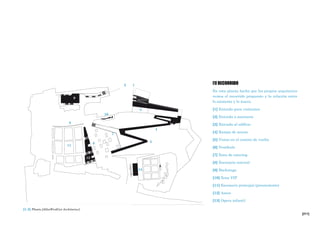 [211]
[1] RECORRIDO
En esta planta hecha por los propios arquitectos
vemos el recorrido propuesto y la relación entre
lo existente y lo nuevo.
[1] Entrada para visitantes
[2] Entrada a escenario
[3] Entrada al edificio
[4] Rampa de acceso
[5] Vistas en el camino de vuelta
[6] Vestíbulo
[7] Zona de catering
[8] Escenario natural
[9] Backstage
[10] Zona VIP
[11] Escenario principal (preexistente)
[12] Aseos
[13] Opera infantil
[1.3] Planta [AllesWirdGut Architectur]
12
9
3
4
10
8
5
13
7
6
11
12
 