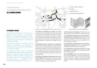 [216]
MEJORES PRÁCTICAS DE ACCESIBILIDAD
[6] BUENAS PRÁCTICAS
[6.1] EJEMPLOS DE ACCESIBILIDAD UNIVERSAL
[6.1.4] AVIVA STADIUM
[1] ENTORNO Y ACCESO
El Estadio está localizado cerca del centro de
Dublín con acceso directo al tren ligero.
Muchos de los espectadores llegan a él a pie a
través de un aparcamiento del edificio que está
reservado en su mayoría para personas con
alguna discapacidad.
La entrada al podio fue construida sobre la
estación de ferrocarril, con ascensores y
escaleras que traen a las personas directamente
a los puntos de entrada.
Las múltiples entradas tienen un código de
color, relacionado además con las entradas para
facilitar la llegada al punto correcto. Se ha
prestado un especial cuidado y atención hacia
los colores para que los tonos puedan ser
fácilmente leídos y entendidos, siendo
adecuadamente diferenciables unos de otros.
[1.1] Plan de señalética por colores. Se emplea
un sistema de colores distintos para cada acceso que
se relacionan con la entrada y por tanto con el lugar
que ocupa uno en la tribuna, así se facilitan y optimi-
zan los itinerarios desde que se aproxima uno al esta-
dio, pasando por la entrada, las instalaciones, para
llegar finalmente al asiento de la entrada en cues-
tión.
[1.2] Empleo de color corporativo en señalética.
Cada uno de los tipos de carteles que se mencionarán
a continuación son reconocibles del estadio porque en
algún lugar cuentan con el color de la empresa, que
es el amarillo lima y/o con el nombre del estadio en
letras verdes (con suficiente contraste). Como vere-
mos más adelante lo mismo ocurre en el interior de la
infraestructura
[1.3] Plan de señalética permanente en la ciu-
dad de Dublín. Este plan sigue el sistema de colores
ya mencionado y es accesible a través de la web del
estadio y en forma de octavilla publicitaria.
[1.4] Tres tipos de señalética. Tres elementos muy
diferenciables, con características estéticas comunes.
[1.4.1] Señalética permanente de orientación y
señalización de entrada concreta. Elemento en sí
mismo como mobiliario urbano con su color y un ma-
pa destacando el lugar en el que se encuentra la se-
ñal y por tanto el visitante.
[1.4.2] Señalética permanente de orientación y
señalización genérica. Poste con indicaciones de
las direcciones de las distintas entradas, etc.
[1.4.3] Señalética temporal orientada a los días
de partido o el evento. Es la claramente más frá-
gil, colocada en farolas.
[1.5] Legibilidad. Los signos están diseñados para
dar una clara legibilidad - ya sean letras blancas so-
bre un fondo oscuro o letras oscuras sobre un fondo
blanco. La fuente es simple y lo más clara posible,
además de emplear un lenguaje lógico y fácil de en-
tender.
Acceso cerrado a vehículos
Parking
Estación de tren
Acceso para discapacitados
Plano del entorno con código de colores de entradas y accesos Folleto explicativo de accesos [WEB AVIVA]
 
