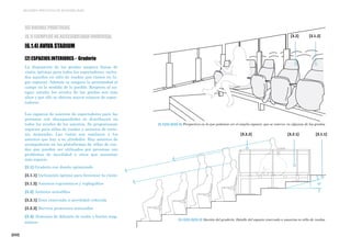 [222]
MEJORES PRÁCTICAS DE ACCESIBILIDAD
[2] ESPACIOS INTERIORES - Graderío
La disposición de las gradas asegura líneas de
visión óptimas para todos los espectadores, inclui-
dos aquellos en silla de ruedas que tienen su lu-
gar especial. Además se asegura la proximidad al
campo en la medida de lo posible. Respecto al an-
tiguo estadio los niveles de las gradas son más
altos y por ello se obtiene mayor número de espec-
tadores.
Los espacios de asientos de espectadores para las
personas con discapacidades se distribuyen en
todos los niveles de los asientos. Se proporcionan
espacios para sillas de ruedas y asientos de corte-
sía mejorados. Las vistas son similares a los
asientos que hay a su alrededor. Hay asientos de
acompañante en las plataformas de sillas de rue-
das que pueden ser utilizados por personas con
problemas de movilidad u otros que necesitan
más espacio.
[3.1] Graderío con diseño optimizado
[3.1.1] Inclinación óptima para favorecer la visión
[3.1.2] Asientos ergonómicos y replegables
[3.2] Asientos accesibles
[3.2.1] Zona reservada a movilidad reducida
[3.2.2] Barrera protectora anticaídas
[3.3] Sistemas de difusión de audio y bucles mag-
néticos
[3.1]/[3.2]/[3.3] Sección del graderío. Detalle del espacio reservado a usuarios en silla de ruedas
[3.1]/[3.2]/[3.3] Perspectiva en la que podemos ver el amplio espacio que se reserva en algunas de las gradas
[3.1.2][3.2]
[3.2.2] [3.2.1] [3.1.1]
[6] BUENAS PRÁCTICAS
[6.1] EJEMPLOS DE ACCESIBILIDAD UNIVERSAL
[6.1.4] AVIVA STADIUM
 