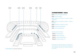 [223]
[2] ESPACIOS INTERIORES - Graderío
[3.1] Graderío con diseño optimizado
[3.2] Asientos accesibles
[3.3] Sistemas de difusión de audio y bucles
magnéticos
[3.4] Espacios de primeros auxilios y médicos
accesibles
[3.5] Mostradores con diseño universal
[3.6] Pavimentos antideslizantes
[3.7] Pavimentos podotáctiles
Organización de las gradas:
· Nivel 1 - Tribuna inferior.
· Nivel 3 - Tribuna Premium.
· Nivel 4 - Tribuna administrativa.
· Nivel 5 - Tribuna superior. [*]
[*] Se avisa al intentar comprar una entrada en
esta tribuna de que estos asientos resultan poco
recomendables a personas con vértigo o aversión a
las alturas.
[3.2][3.1][Lvl 5] [Lvl 3] [Lvl 1] [Lvl 4]
[3.1]/[3.2]/[3.3]/[3.4] Axonometría del graderío
 
