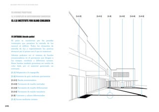 [230]
MEJORES PRÁCTICAS DE ACCESIBILIDAD
[1] ENTRADA (desde patio)
El patio se caracteriza por los grandes
ventanales que permiten la entrada de luz
natural al edificio. Todos los elementos de
entrada de luz y especialmente las puertas
destacan por el grosor con el que se enmarcan.
Además podemos ver el sistema de bandas
encaminadoras en el pavimento que dirigen a
las rampas, escaleras y diferentes accesos.
Estas bandas también presentan un cambio de
color dado por el material generando un
contraste.
[1.1] Adaptación a la topografía
[1.2] Sistemas de guía mediante pavimentos
[1.2.1] Banda encaminadora
[1.2.2] Pavimento de resalte (entrada)
[1.2.3] Pavimento de resalte (bifurcación)
[1.2.4] Pavimento de resalte (escalera)
[1.3] Contraste y colores diferenciados
[1.4] Acceso mediante rampas
[1.2.3][1.2.2][1.2.2] [1.2.4][1.2.1] [1.3]
[5] BUENAS PRÁCTICAS
[5.1] EJEMPLOS DE ACCESIBILIDAD UNIVERSAL
[5.1.5] INSTITUTE FOR BLIND CHILDREN
 