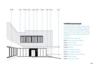 [231]
[1] ENTRADA (Fachada principal)
Al irnos acercando a la facha principal vemos
que queda claramente resaltada la puerta de
entrada, ya que es la que más enmarcada está,
con lo cual facilita su localización para aquellas
personas con resto visual sin tener que
depender exclusivamente del lenguaje táctil del
pavimento.
[1.1] Adaptación a la topografía
[1.2] Sistemas de guía de pavimentos
[1.3] Contraste y colores
[1.3.1] Marcos de madera de cerezo
[1.3.2] Piedra gris
[1.4] Acceso mediante rampas
[1.5] Acceso mediante escaleras
[1.5.1] Barandillas a doble altura (guía)
[1.6] Entrada principal
[1.6.1] Cartelería de entrada
[1.2][1.5][1.6.1][1.3.1][3.10] [1.3.2] [1.5.1][1.6] [1.3.1][1.3]
 