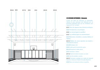 [237]
[2] ESPACIOS INTERIORES - Gimnasio
Cuenta con todas las soluciones ya comentadas.
Además la pista principal está delineada por un
pavimento podotáctil para que los invidentes sean
capaces de “ver” su límite.
[2.1] Altura de espacios como elemento jerárquico
[2.2] Circulaciones y su jerarquía
[2.3] Luz natural (guía en pasillos)
[2.4] Luz artificial (guía en intersecciones)
[2.5] Materiales, atmósfera y acústica definen el
espacio
[2.5.1] Madera de cerezo (paredes con interés o
elementos de marco)
[2.5.2] Hormigón visto
[2.6] Ayudas para la orientación, guías.
[2.6.1] Pasamanos a doble altura
[2.7] Contrastes y colores
[2.7.1] Suelos de linóleo de colores en aulas
[2.8] Guía de entradas y accesos
[2.8.1] Pavimento resaltado con cambio de material
(textura y color) en el límite de la pista deportiva
[2.9] Ábaco con cuentas de colores en pasillos
[2.4] [2.3] [2.1][2.7.1][2.8.1] [2.5.1] [2.5.1]
 