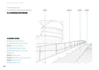 [242]
MEJORES PRÁCTICAS DE ACCESIBILIDAD
[1] ENTORNO Y ACCESO
[1.1] Elementos de localización
[1.1.1] Resalto para marcar obstáculo
[1.1.2] Iluminación alrededor
[1.1.3] Señalética de gran tamaño
[1.1.4] Fuentes claras y con contraste
[1.2] Acceso
[1.2.1] Rampa de acceso
[1.2.1.1] Doble pasamanos ininterrumpido
[1.2.2] Escalera de acceso
[1.2.3] Puerta de acceso
[1.2.1][1.1.2] [1.2.2][1.2.1.1]
[5] BUENAS PRÁCTICAS
[5.1] EJEMPLOS DE ACCESIBILIDAD UNIVERSAL
[5.1.6] MERCEDES BENZ MUSEUM
 