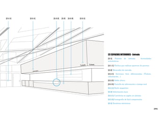 [253]
[2] ESPACIOS INTERIORES - Entrada
[2.1] Puertas de entrada. Acristaladas
automáticas
[2.1.1] Flechas que indican apertura de puertas
[2.2] Mostrador de entrada.
[2.2.1] Secciones bien diferenciadas (Tickets,
información…)
[2.2.2] Doble altura
[2.2.3] Pantalla de información a tiempo real
[2.2.4] Bucle magnético
[2.3] Información clara
[2.3.1] Cartelería en inglés y/o alemán
[2.3.2] Iconografía de fácil comprensión
[2.4] Escaleras mecánicas
[2.2.2] [2.2] [2.2.3] [2.2.1][2.2.1][2.1.1]
 
