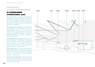 [254]
MEJORES PRÁCTICAS DE ACCESIBILIDAD
[2] ESPACIOS INTERIORES - Entrada
El hall de entrada es un espacio amplio libre de
obstáculos, con grandes entradas de luz natural y
un sistema de luz artificial mediante rayos que se
van cruzando [2.5]. En general existe poco
contraste en esta zona, tan sólo en el elemento de
escaleras y la iconografía.
[2.1] Puertas de entrada. Son automáticas
acristaladas que están indicadas mediante las
correspondientes egatinas en el vidrio que
además tienen forma de flecha para guiar al
usuario en la dirección correcta a su zona de
apertura [2.1.1]. Hay dos tipos, giratorias y
correderas automáticas.
[2.2] Mostrador de entrada. Cuenta con tres
zonas claramente diferenciadas: Información,
venta de Tickets y Audio Guía. Además presenta
doble altura para ser accesible a todos los
usuarios posibles. Cuenta con una pantalla tras él
que dar información en tiempo real.
[2.3] Información. Se emplea iconografía para
indicar baños estándar o accesibles para usuarios
en silla de ruedas, ascensores, ropero, cambiador
de bebés... Con esto se evita que el idioma se
convierta en una barrera.
[2.4] Escaleras mecánicas. Nada más acceder
al hall de entrada puede verse la escalera
mecánica que nos conduce directamente al inicio
de los posibles recorridos.
[2.5] [2.2.1][2.2.2][2.2.1] [2.3.2][2.1.1] [2.2.4]
[6] BUENAS PRÁCTICAS
[6.1] EJEMPLOS DE ACCESIBILIDAD UNIVERSAL
[6.1.7] PORSCHE MUSEUM
 