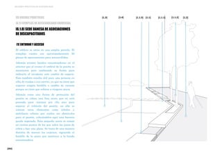 [262]
MEJORES PRÁCTICAS DE ACCESIBILIDAD
[6] BUENAS PRÁCTICAS
[6.1] EJEMPLOS DE ACCESIBILIDAD UNIVERSAL
[6.1.8] SEDE DANESA DE ASOCIACIONES
DE DISCAPACITADOS
[1.3] [1.2][1.1.3][1.4] [1.1.1] [1.1.2][1.1]
[1] ENTORNO Y ACCESO
El edificio se sitúa en una amplia parcela. El
complejo cuenta con aproximadamente 50
plazas de aparcamiento para minusválidos.
Además existen bandas encaminadoras en el
exterior que al cruzar el umbral de la puerta se
mantienen pero cambiando su forma para
indicarle al invidente este cambio de espacio.
Esto también resulta útil para una persona en
silla de ruedas o con carrito, ya que no tiene que
superar ningún bordillo o cambio de rasante
porque no tiene que subirse a ninguna acera.
Además como una forma de protección del
peatón se coloca una fina acera que no está
pensada para caminar por ella sino para
separar el vehículo del peatón, en ella se
colocan otros elementos como árboles y
mobiliario urbano que suelen ser obstáculos
para el peatón, colocándolos aquí esta barrera
queda superada. Esta pequeña acera se rompe
en ciertos puntos de los que salen los pasos de
cebra o hay una plaza. Se trata de una manera
distinta de marcar los caminos, siguiendo el
bordillo de la acera que sustituye a la banda
encaminadora.
 