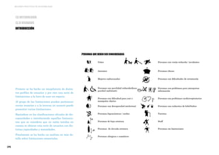 [26]
MEJORES PRÁCTICAS DE ACCESIBILIDAD
[3] METODOLOGÍA
[3.3] USUARIOS
INTRODUCCIÓN
Primero se ha hecho un recopilatorio de distin-
tos perfiles de usuarios y por otro una serie de
limitaciones a la hora de usar un espacio.
Al grupo de las limitaciones pueden pertenecer
varios usuarios y a la inversa un usuario puede
presentar varias limitaciones.
Basándose en las clasificaciones oficiales de dis-
capacidades e introduciendo aquellas limitacio-
nes que se considera que no están tenidas en
cuenta se obtiene esta serie de usuarios con dis-
tintas capacidades y necesidades.
Finalmente se ha hecho un análisis en más de-
talle sobre limitaciones sensoriales.
 