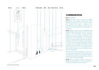 [269]
[3] COMUNICACIÓN VERTICAL
[3.2] Ascensores.
[3.2.1] Todos ellos tienen un sistema de doble
puerta que deja abiertas ambas para evitar
maniobras innecesarias con la silla de ruedas,
pero también da cabida a personas con
impedimentos visuales porque quieren entrar y
salir "de la misma puerta" para no dificultar su
orientación.
[3.2.2] Además disponen de unos botones a la
altura del pie, para aquellos usuarios en silla de
ruedas o con limitaciones en los miembros
superiores, etc, que tienen dificultades para
accionar los botones habituales. Se colocan estos
alternativos en el exterior pero no en el interior,
ya que se requeriría mucho espacio de maniobra y
resultaría una tarea más engorrosa el accionarlos,
con lo cual en caso de accionarlos desde el exterior
el ascensor en su recorrido irá parando en todas
las plantas hasta completar una vuelta entera.
Hay que decir que son de color negro frente al
color vivo de la pared en cuestión y por ello tienen
suficiente contraste.
Estos ascensores están protegidos y cuentan con
un plan especial para seguir funcionando en caso
de emergencia y facilitar la evacuación del edificio,
se recomienda usar los del interior de los núcleos,
como se verá en el apartado [4.2].
[3.2.3] Bucle magnético (señal). Conectado al
sistema de comunicación en caso de emergencia y
al hilo del ascensor que canta las plantas.
[3.2.3] [2.6] [3.1][3.2.1] [3.2.2] [3.2] [2.6][3.2.1] [3.1.1][2.1.1]
[3.2] Ascensores accesibles
 