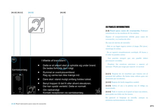 [271]
[4] PANELES INFORMATIVOS
[4.2] Panel para casos de evacuación. Podemos
encontrarlo en las escaleras de los núcleos.
Expone el comportamiento debido para casos de
evacuación y su traducción dice:
En caso de alarma de incendio:
· Este es un lugar seguro contra el fuego. Por favor,
mantenga la calma.
· Es un espacio completamente ventilado. El humo y
el calor no pueden entrar.
· Las puertas siempre que sea posible deben
permanecer cerradas.
· Emplear las escaleras exteriores o esperar al
ascensor. Puede que tenga que esperar, es normal.
[4.2.1] Dispone de un interfono que conecta con el
personal del edificio. Su botón tiene relieve para ser
detectado por invidentes.
[4.2.2] Dispone de bucle magnético (señal)
[4.2.3] Indica el ala y la planta con el código ya
mencionado.
[4.2.4] Todo lo escrito en el panel se hace con relieve,
para poder ser leído con las manos.
En general el lenguaje es sencillo, aunque se
presenta exclusivamente en danés.
[4.2.3] [4.2.1] [4.2.4][4.2.2]
[4.2] Panel informativo para casos de evacuación
0
 
