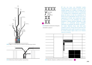 [279]
El reto era crear una identidad común
respetando al mismo tiempo la marca de cada
entidad alojada en el edificio. El diseño de la
señalización seleccionada utiliza la simplicidad
y la claridad de la señalización propia de los
planos de metro. La idea fue inspirada por el
hecho de que el Storehagen Atrium será un eje
importante en Forde, una ciudad con el deseo
de convertirse en una metrópoli. Los colores
brillantes y formas gráficas dedicadas a cada
planta y la institución fueron diseñados
siguiendo los principios del diseño universal, ,
los cuales deberían hacer más fácil para
cualquier usuario, incluso para las personas con
discapacidad visual, poder encontrar su camino.
La misión incluyó signos tanto en el interior
como en el exterior.
[8.6] Entrada a despacho y mobiliario acorde al color de la planta 5
[8.5] Detalle de señalización de despacho
Acristalado en planta 5
[8.3] “Mapa” en el hall indicativo de todas las dependencias por colores
[8.4] Indicaciones al final de pasillos e intersecciones
 