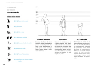 [28]
MEJORES PRÁCTICAS DE ACCESIBILIDAD
[3.3.1] Mujer embarazada
[3.3.2] Turista
[3.3.3] Niño o niña
[3.3.4] Persona anciana
[3.3.5] Usuario en silla de ruedas
[3.3.6] Persona sorda
[3.3.7] Persona hipoacúsica
[3.3.8] Persona con carrito de bebé
o bulto
[3.3.1] MUJER EMBARAZADA
Presenta dificultades de movi-
miento en estados avanzados del
proceso, necesita lugares de des-
canso, evitar sobreesfuerzos y
puede que le cueste pasar por
tornos y huecos debido a su au-
mento de tamaño.
[3.3.2] TURISTA
Se mueve en un entorno que no
le resulta familiar, tiene dema-
siados estímulos para concentrar-
se. Cuenta con dificultades para
orientarse y en ocasiones para
comunicarse en caso de no cono-
cer el idioma del lugar que visita.
Además, en ocasiones va muy
cargado con bultos.
[3.3.3] NIÑO O NIÑA
Conoce poco su cuerpo con lo
que tienden a ser patosos. Debi-
do a que aún no ha desarrollado
su conciencia tienen problemas
de orientación, pueden tener
problemas de comportamiento.
Debido a su pequeño tamaño
respecto al usuario estándar,
tanto de altura como de extre-
midades, pies y manos puede
tener dificultades de aprehen-
sión.
SÍMBOLOS DE CADA USUARIO
[3] METODOLOGÍA
[3.3] USUARIOS
[3.3.1] CATALOGACIÓN
 