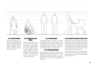 [29]
[3.3.4] PERSONA ANCIANA
Presenta dificultades de movi-
miento. Tiene posibilidades de
caídas, sus reflejos están muy
reducidos. Tiende a tener pro-
blemas sensoriales (visión y
oídos) y en algunos casos pro-
blemas cognitivos.
[3.3.5] USUARIO EN SILLA DE
RUEDAS
La silla de ruedas limita a este
usuario a la hora de alcanzar
ciertas alturas, salvar cambios
de cota, etc. No pueden lidiar
con grandes pendientes ni gi-
ros muy cerrados. Precisan
espacios amplios para poder
maniobrar con la silla. Además
el hecho de ir manejando la
silla les impide utilizar las
manos para otras cosas.
[3.3.6] PERSONA SORDA
Su principal problema es que tiene una limita-
ción difícil de detectar a simple vista, con lo cual
a menudo no se tiene en cuenta. Necesita espa-
cios traslúcidos o transparentes ya que su princi-
pal información sólo es captada a través de la
vista. Precisan buena luz, sin sombras, etc.
[3.3.7] PERSONA HIPOACÚSICA
Precisa sistemas de apoyo para la audición como
bucles magnéticos y audífonos. Aunque se puede
identificar más fácilmente debido a su uso de
estos aparatos es un grupo que no se suele tener
en cuenta al no tratarse de una limitación muy
evidente.
[3.3.8] PERSONA CON CARRITO DE BEBÉ O BULTO
Considerando el carrito de bebé como un bulto
estos usuarios tienen las dificultades derivadas
del pavimento, huecos estrechos, giros muy ce-
rrados, salvar cambios de rasante...En ocasiones
el suelo podotáctil les puede resultar molesto ya
que la vibración que se produce al rodar sobre él
puede despertar al niño y disgustarle.
Estas personas suelen estar muy cansadas debi-
do a la falta de sueño que les produce la situa-
ción de criar a un bebé con ciertas necesidades
sin importar la hora.
 